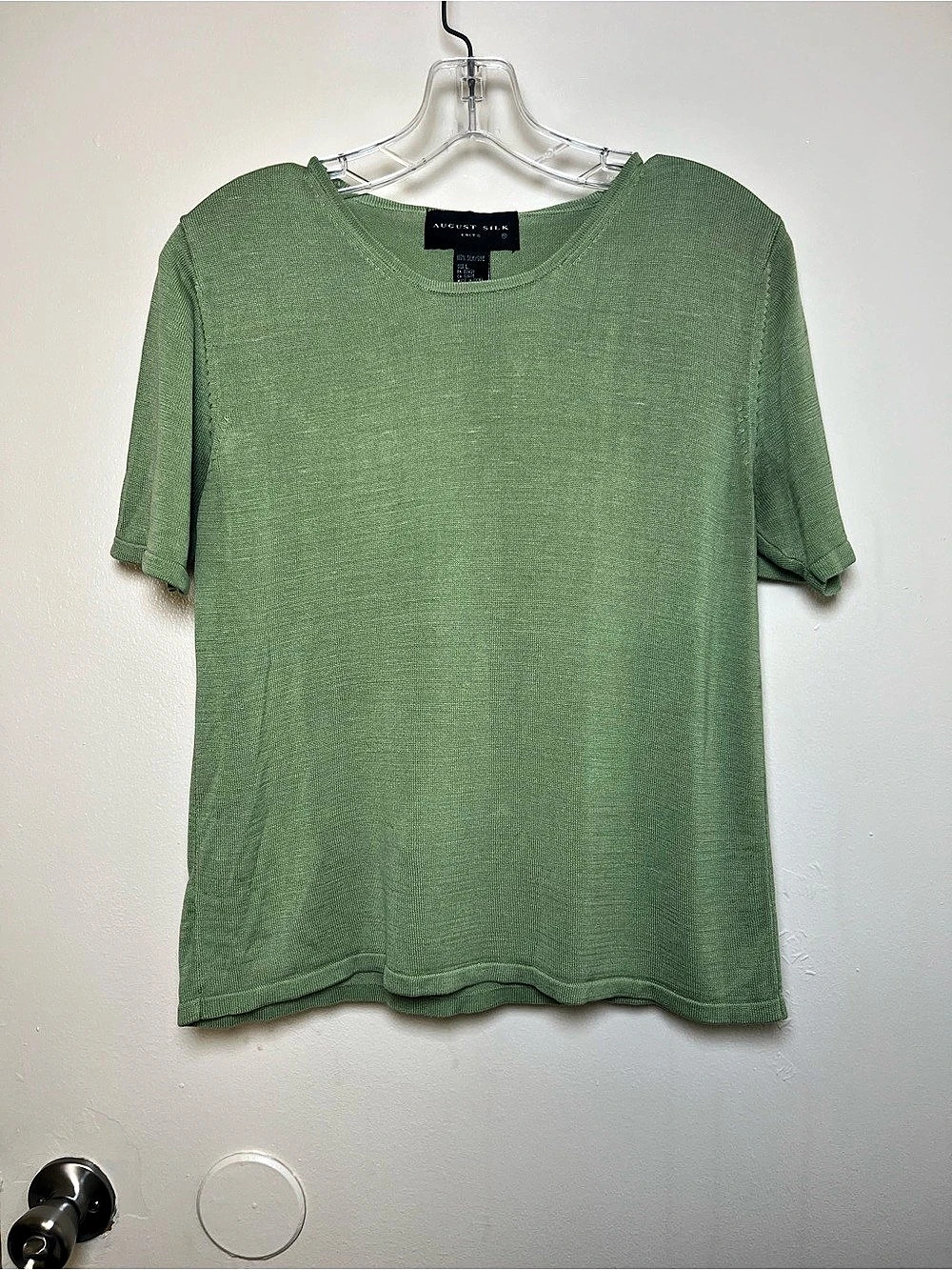Women's Vintage Y2K August Silk Green Short Sleeve Knit 100 Silk Top Size Large